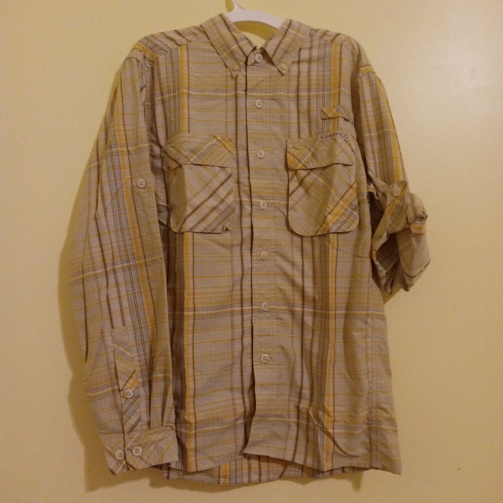 Exofficio Men's Air Strip Macro Plaid Shirt - Upf 30+, Bone, Small NEW